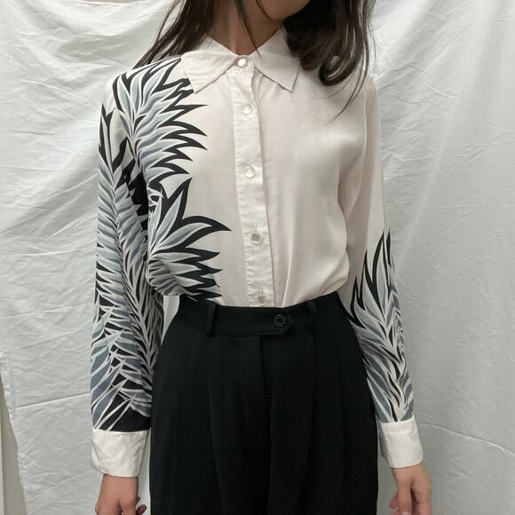 vintage 90s bob mackie white silk floral print collared button shirt blouse top - Picture 2 of 12